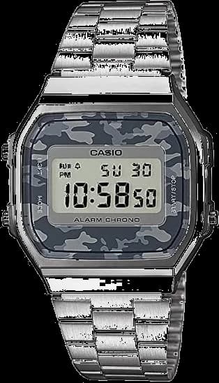 Garde-temps Casio A168WEC-1EF pour unisexe, camouflage gris sur fond gris, bracelet acier