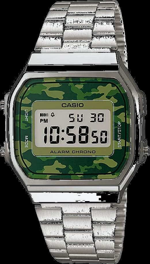 Garde-temps Casio A168WEC-3EF pour unisexe, au cadran camouflage vert et bracelet métal