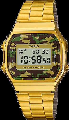 Garde-temps Casio A168WEGC-3EF pour unisexe, au cadran camouflage vert et bracelet métal doré