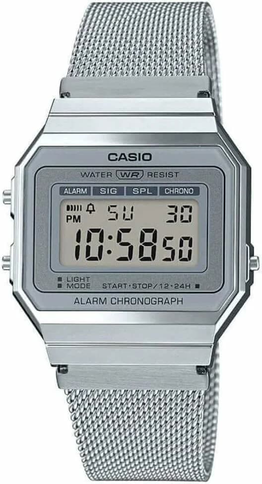 Garde-temps Casio A700WEM-7AEF pour unisexe, cadran gris digital avec bracelet maille milanaise