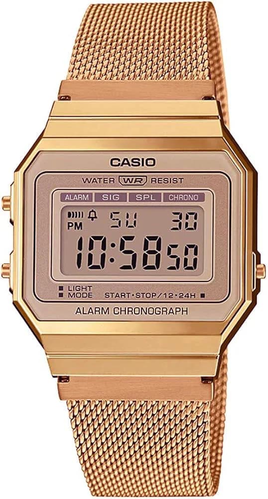 Garde-temps Casio A700WMG-5DF pour unisexe, cadran or rose sur bracelet maille milanaise