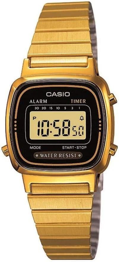 Garde-temps Casio LA670WEGA-1EF pour femme, digitale cadran carré noir, bracelet acier