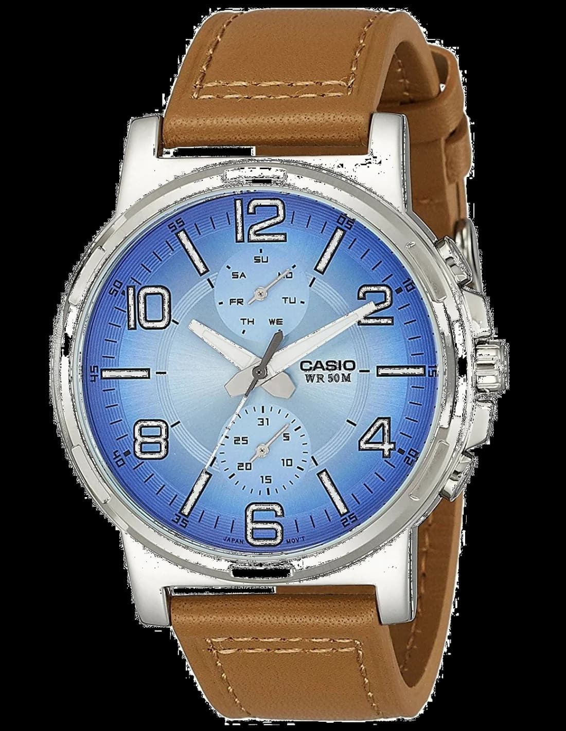 Garde-temps Casio MTP-E313L-2B2V pour homme, bleue sur bracelet cuir brun