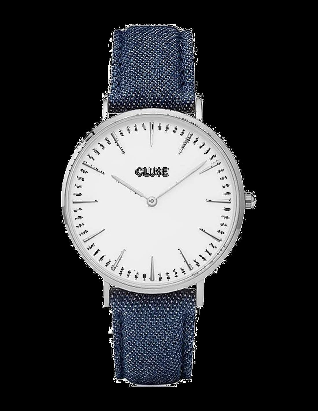 Garde-temps Cluse CL18229 pour femme, cadran blanc sur bracelet cuir denim