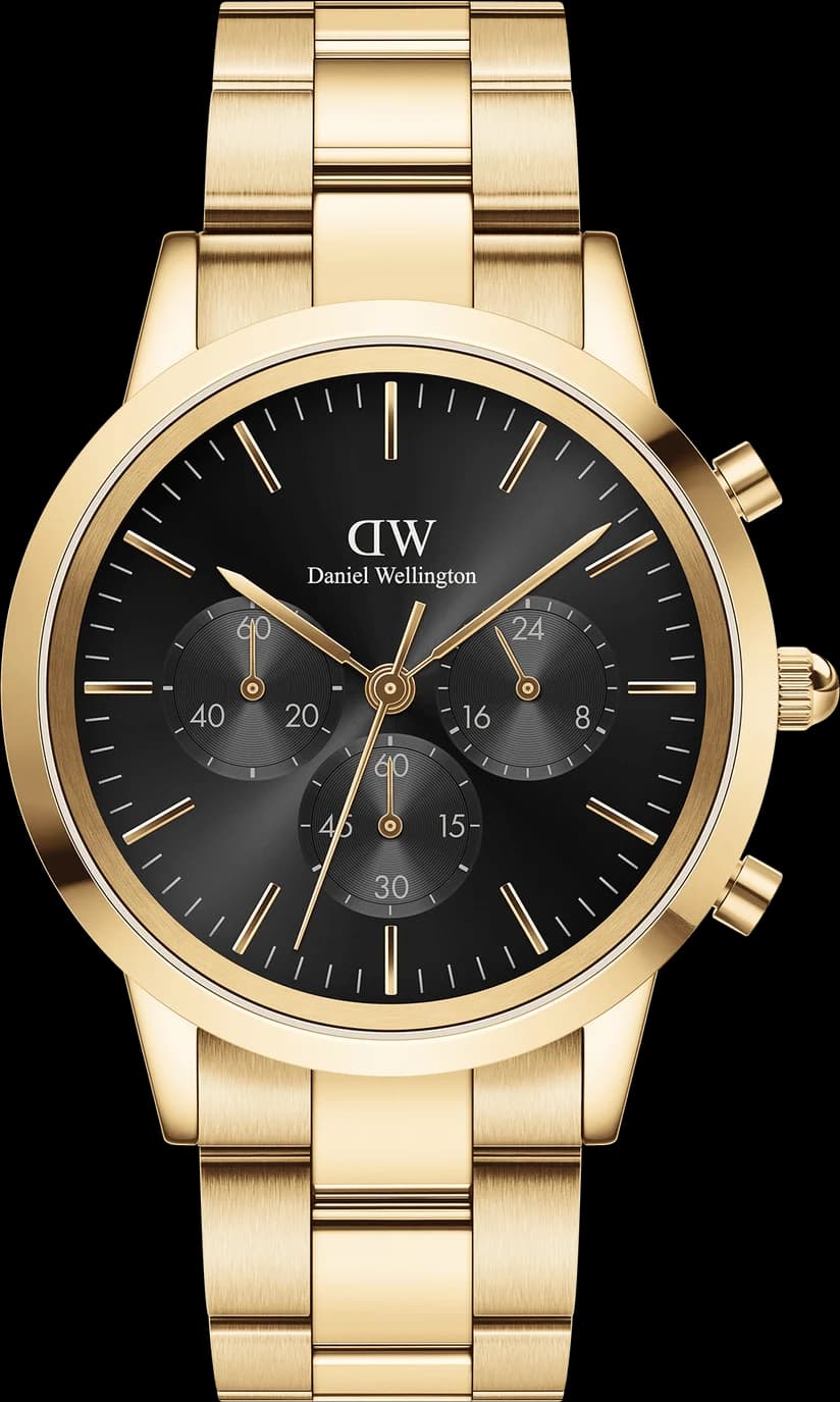 Garde-temps Daniel Wellington DW00100641 pour homme, cadran noir, bracelet acier doré jaune, chronographe