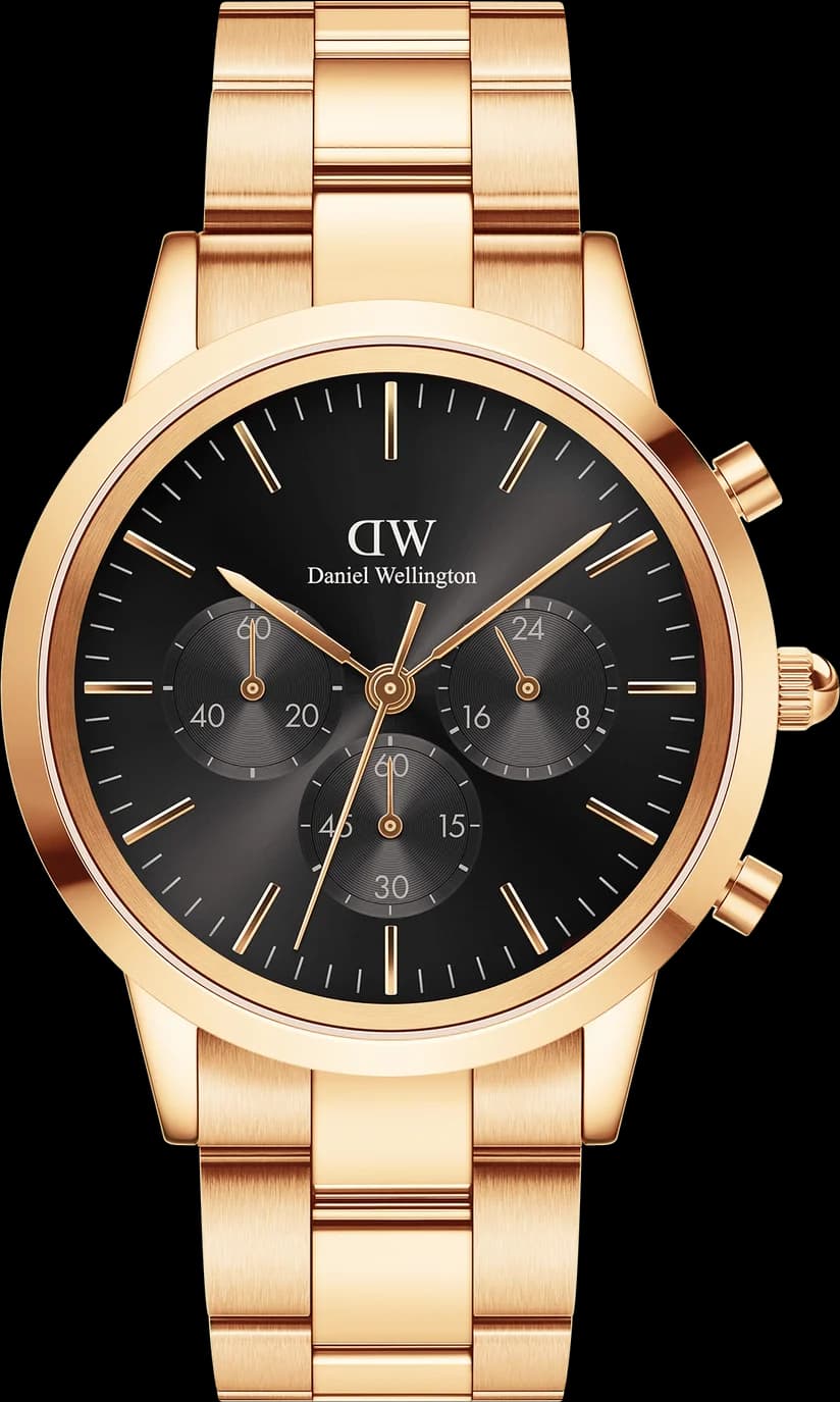 Garde-temps Daniel Wellington 109929 pour homme, cadran noir, bracelet acier doré rose, chronographe