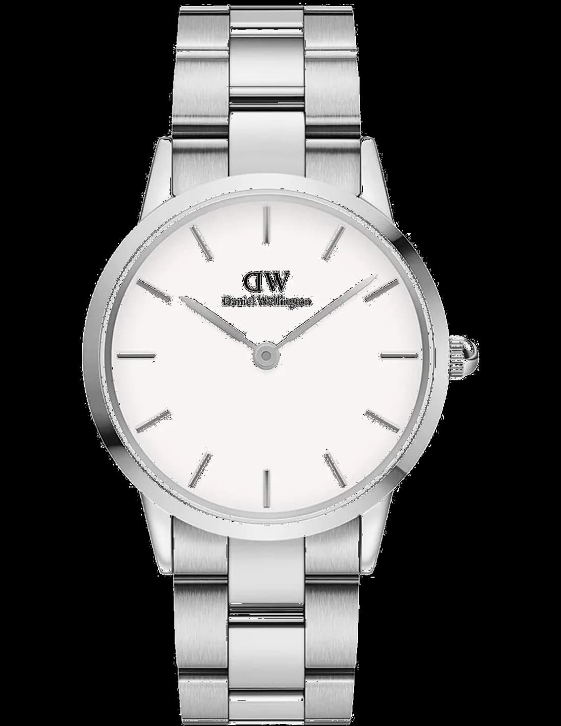 Garde-temps Daniel Wellington DW00100203 pour femme, blanc sur bracelet Iconic Link acier poli argenté