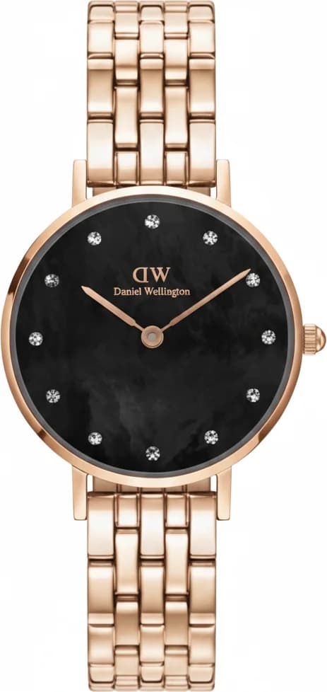 Garde-temps Daniel Wellington DW00100660 pour femme, cadran noir nacré et acier 5-Link Melrose
