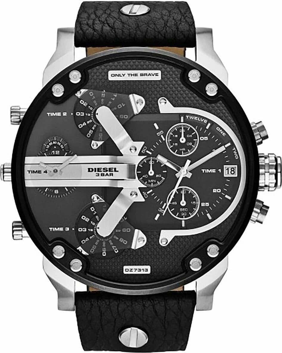 Garde-temps Diesel DZ7313 pour homme, cadran noir bracelet cuir rehauts argentés style XXL
