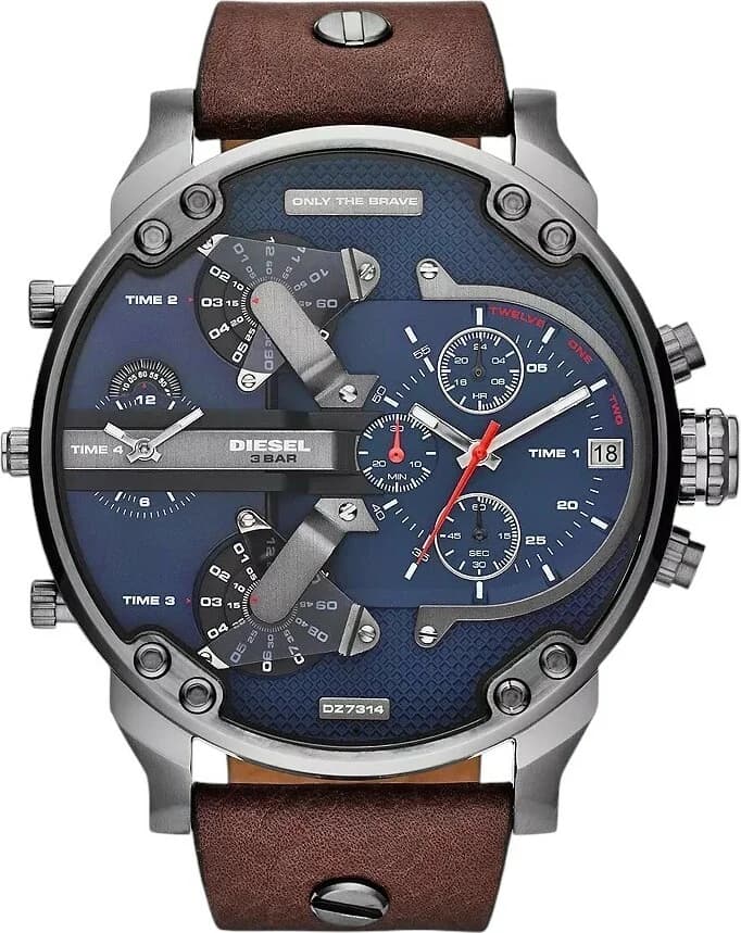 Garde-temps Diesel DZ7314 pour homme, au cadran bleu multifonctions et bracelet cuir marron