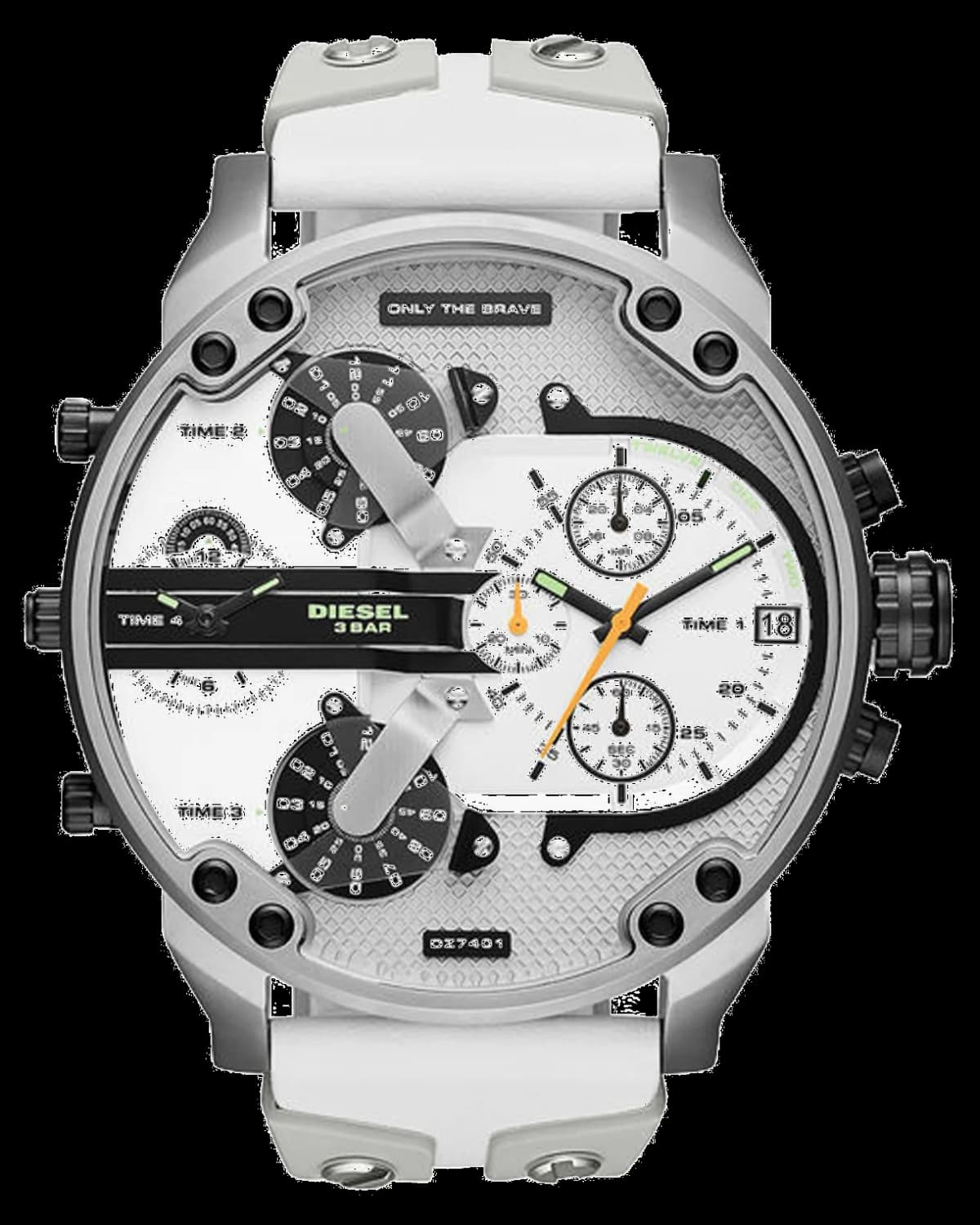 Garde-temps Diesel DZ7401 au boîtier massif noir et cadran noir profond, style industriel surdimensionné