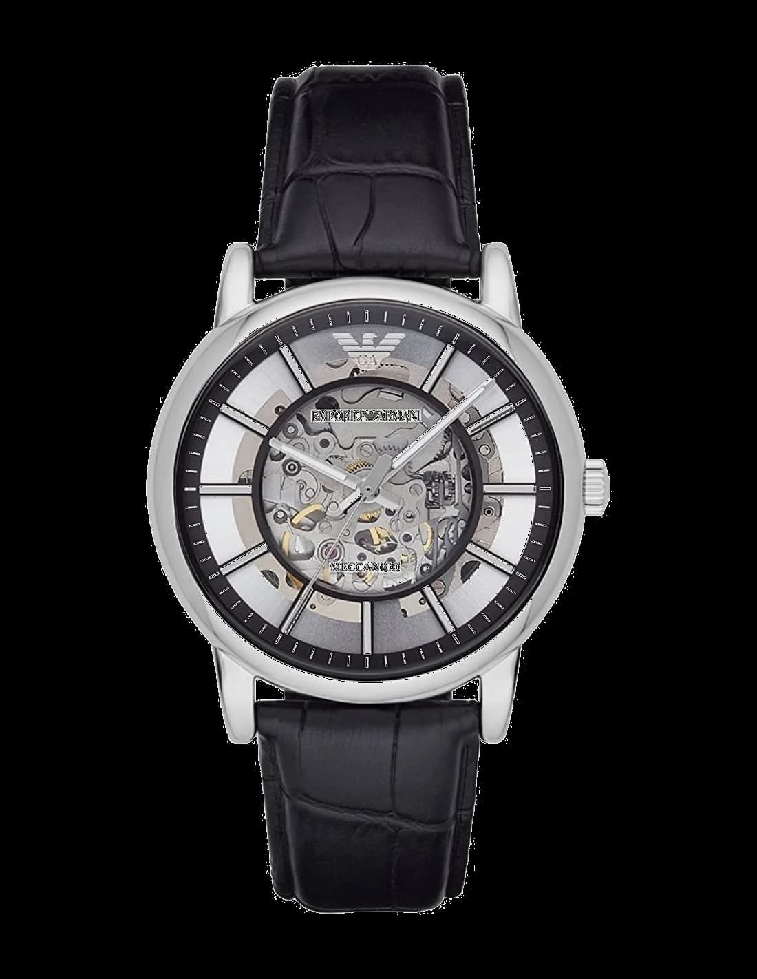Garde-temps Emporio Armani AR1981 pour homme, cadran squelette argenté sur bracelet cuir