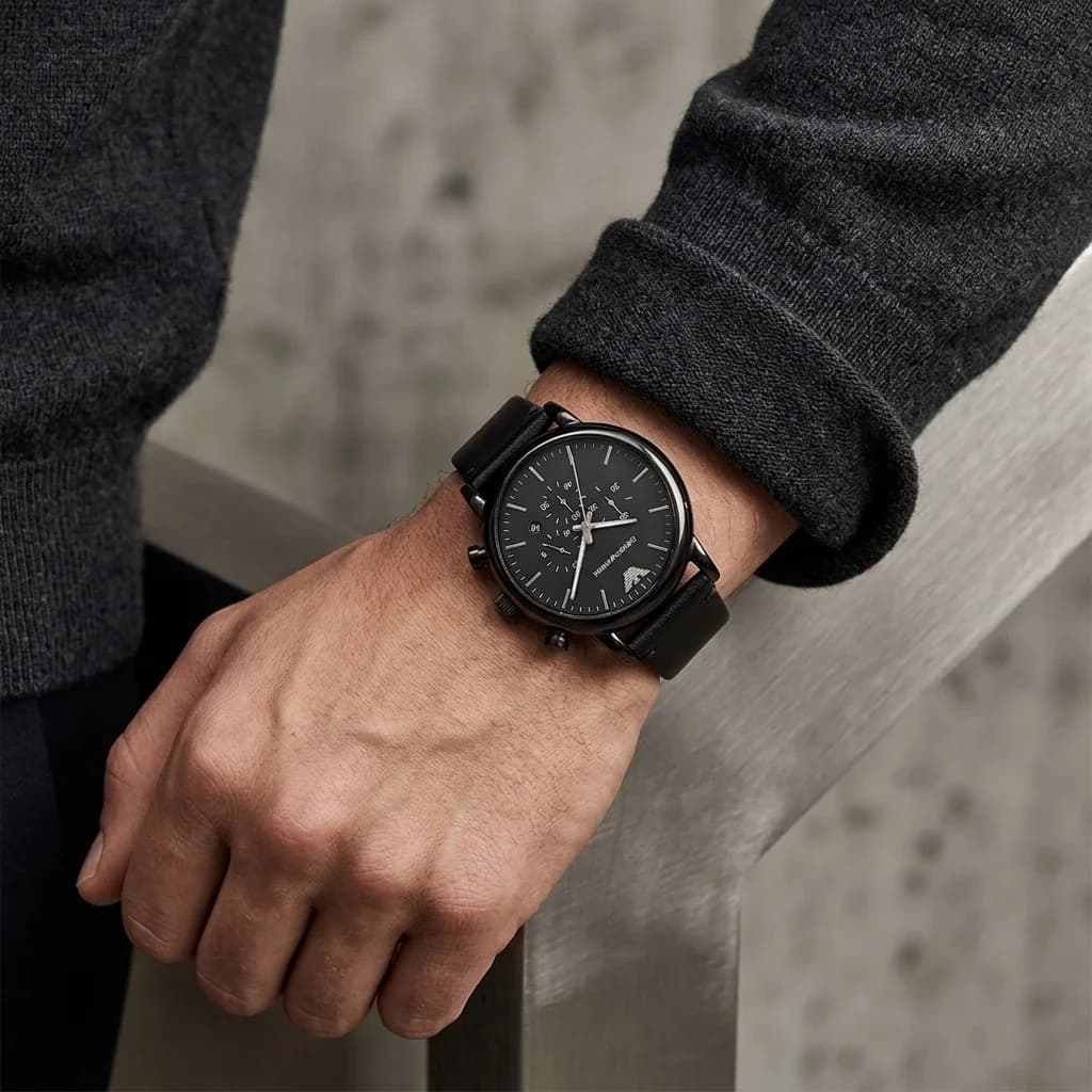 Montre Homme Emporio Armani AR1918 Acier et Cuir Noir posée vue du dessus sur une table de bistro en marbre à Cannes