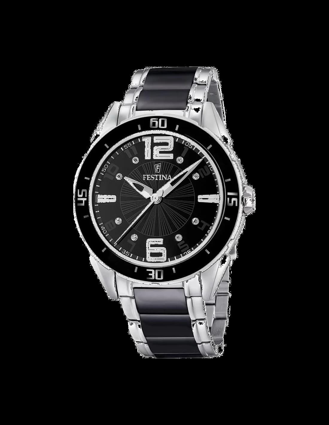Garde-temps Festina F16395/2 pour femme, cadran noir sur bracelet acier bicolore