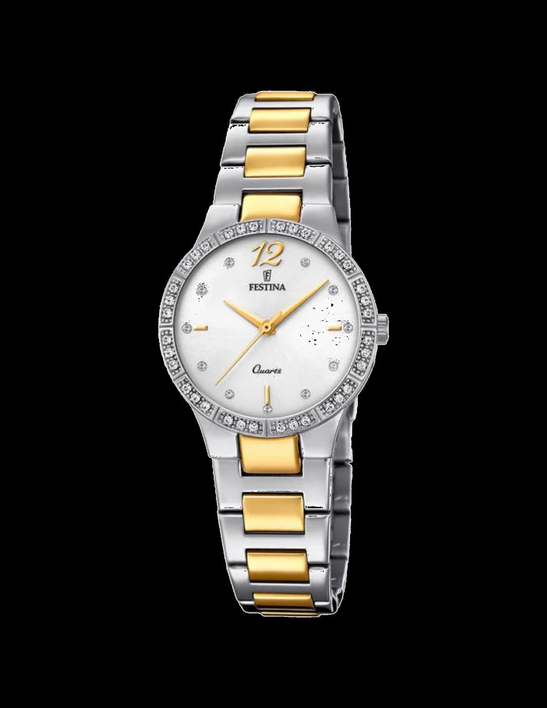 Garde-temps Festina F20241/1 pour femme, cadran blanc, boîtier et bracelet acier doré
