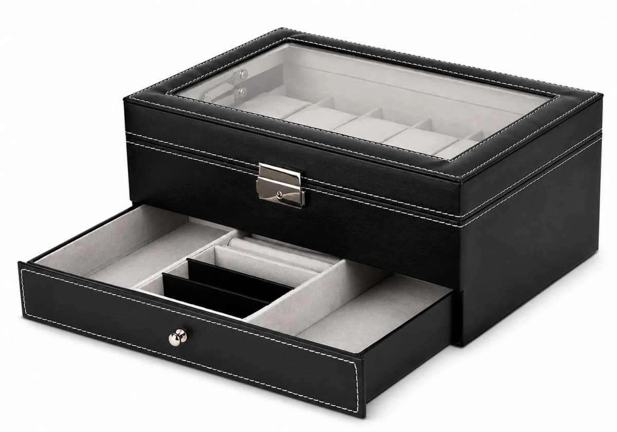 Garde-temps Gasmann 260520-21, boîte noire 12 compartiments avec tiroir bijoux double étage