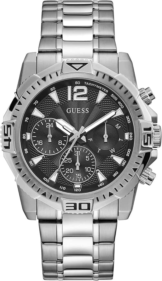 Garde-temps Guess GW0056G1 pour homme, noir multifonction, bracelet acier brossé