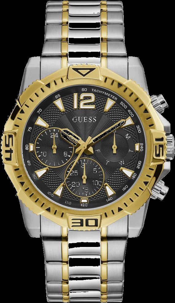 Garde-temps Guess GW0056G4 pour homme, cadran noir multifonction bracelet acier bicolore