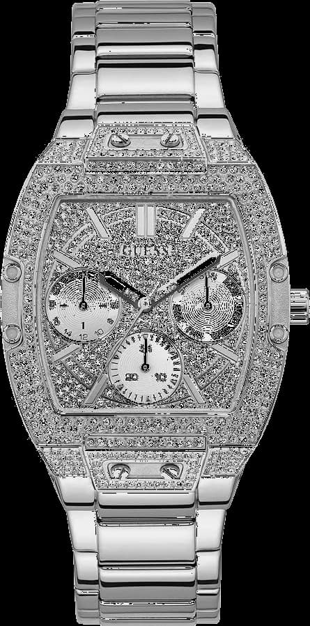 Garde-temps Guess GW0104L1 pour femme, cadran or, pavé cristaux, bracelet argenté