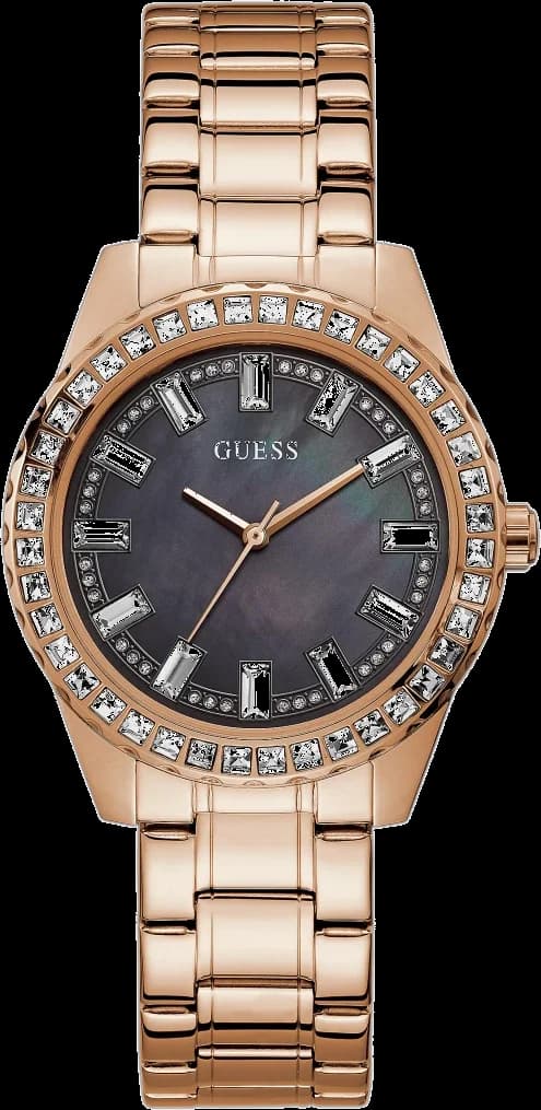 Garde-temps Guess GW0111L3 pour femme, cadran nacre noire sur bracelet acier rose gold