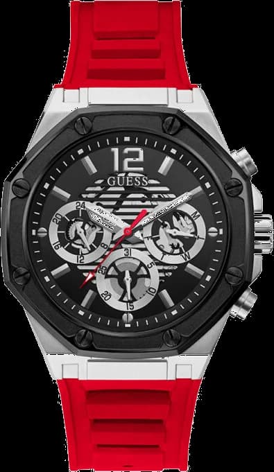 Garde-temps Guess GW0263G3 pour homme, cadran noir avec bracelet silicone rouge
