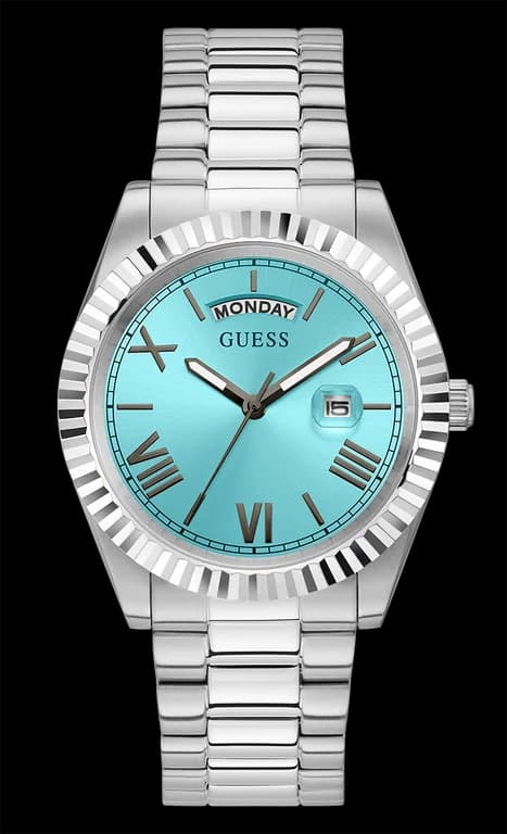 Garde-temps Guess GW0265G11 pour homme, boîtier acier argent cadran turquoise bracelet acier