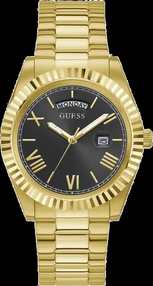 Garde-temps Guess GW0265G3 pour homme, cadran noir sur bracelet acier doré