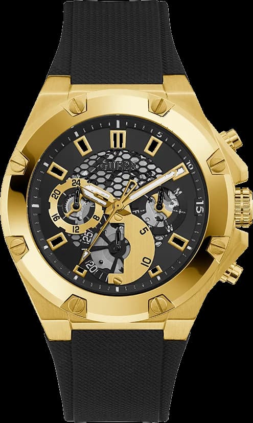 Garde-temps Guess GW0334G2 pour homme, noir, boîtier acier doré, bracelet silicone