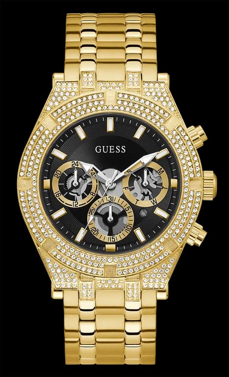 Garde-temps Guess GW0455G2 pour homme, cadran noir avec strass sur bracelet doré