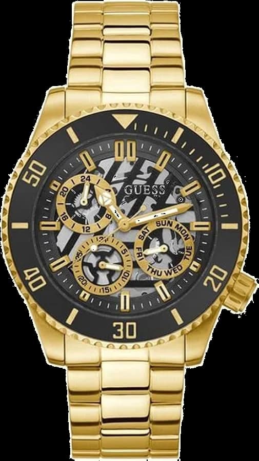 Garde-temps Guess GW0488G2 pour homme, cadran noir, bracelet acier doré, multifonction