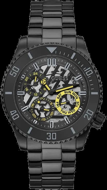 Garde-temps Guess GW0488G3 pour homme, cadran noir, bracelet acier noir, multifonction