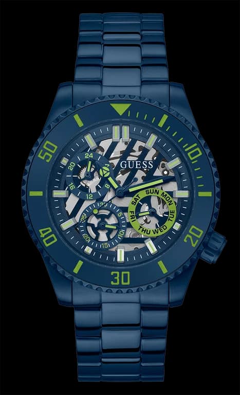 Garde-temps Guess GW0488G4 pour homme, cadran squelette bleu sur bracelet acier
