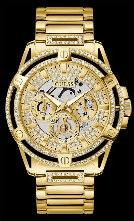 Garde-temps Guess GW0497G2 pour homme, cadran or avec boîtier acier doré serti strass