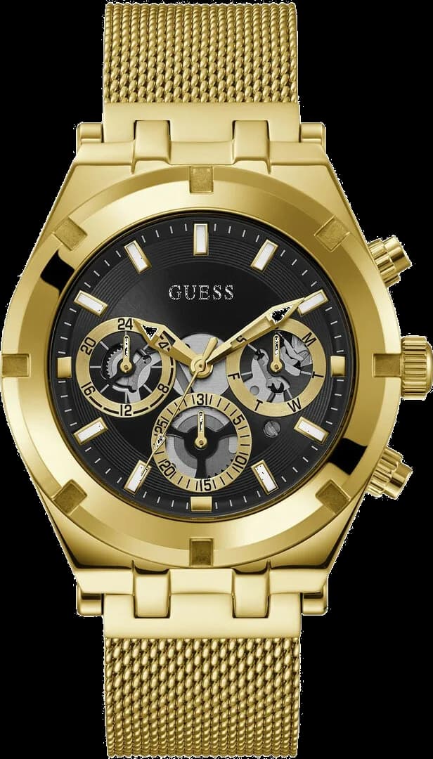 Garde-temps Guess GW0582G2 pour homme, cadran noir multifonction sur bracelet acier doré