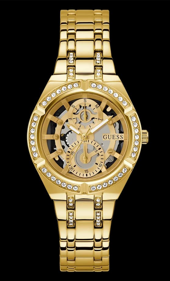 Garde-temps Guess GW0604L2 pour femme, au cadran squelette cristaux et bracelet acier doré