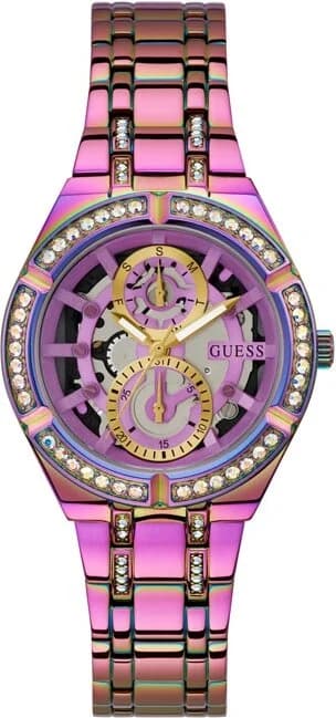 Garde-temps Guess GW0604L4 pour femme, bracelet acier arc-en-ciel cadran squelette cristaux