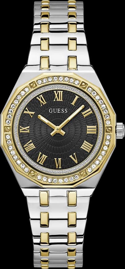 Garde-temps Guess GW0770L4 pour femme, cadran noir guilloché sur acier bicolore