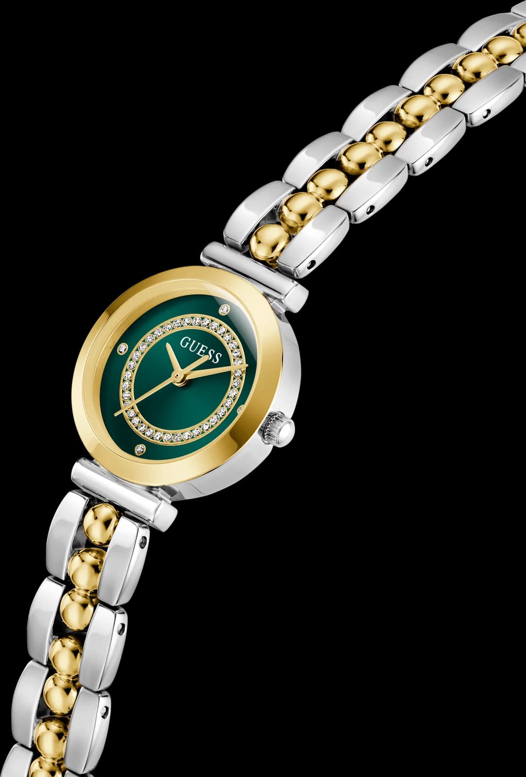 Montre Guess Leena GW0994L3, détail du bracelet acier bicolore