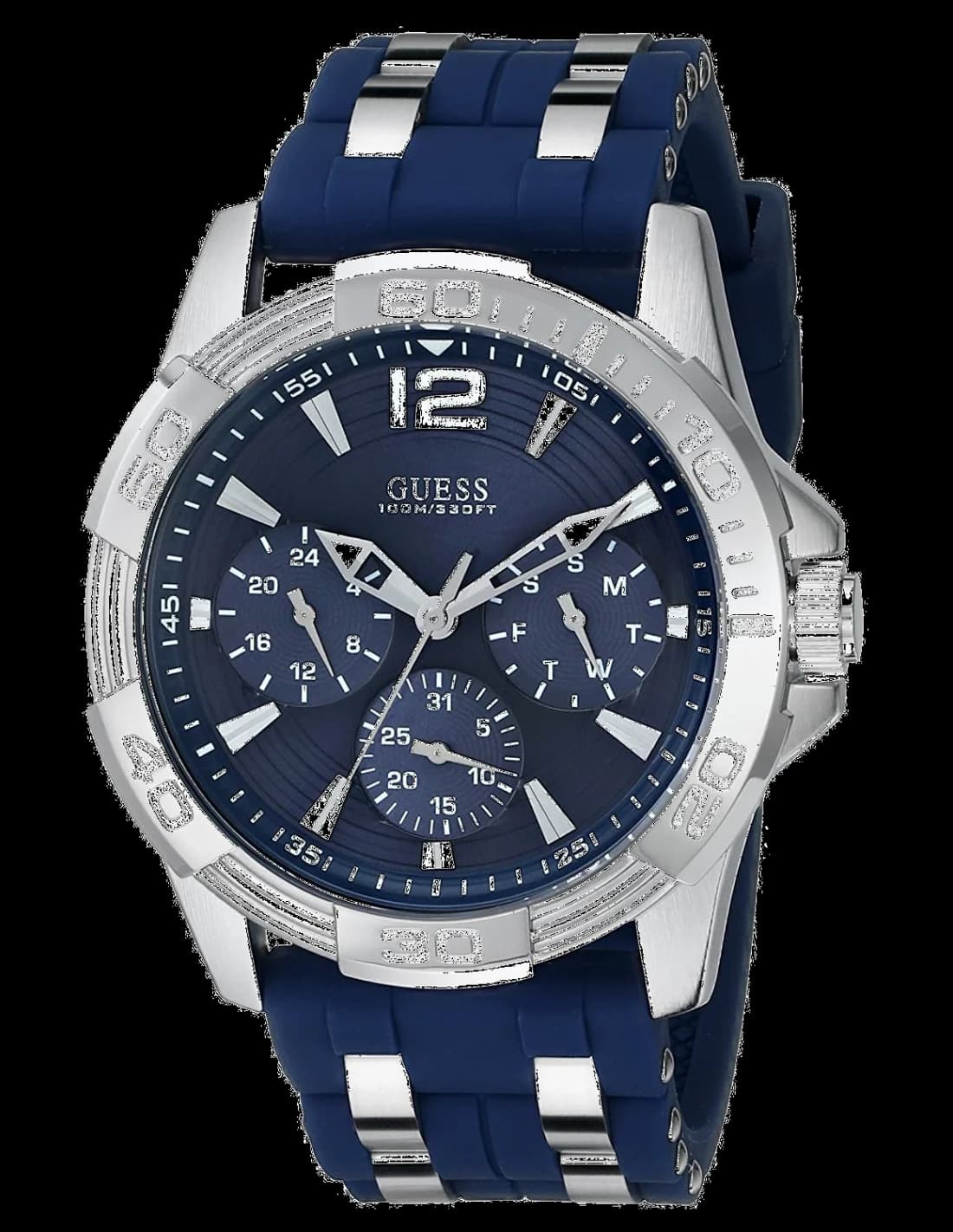 Garde-temps Guess W0366G2 pour homme, bracelet silicone bleu et acier