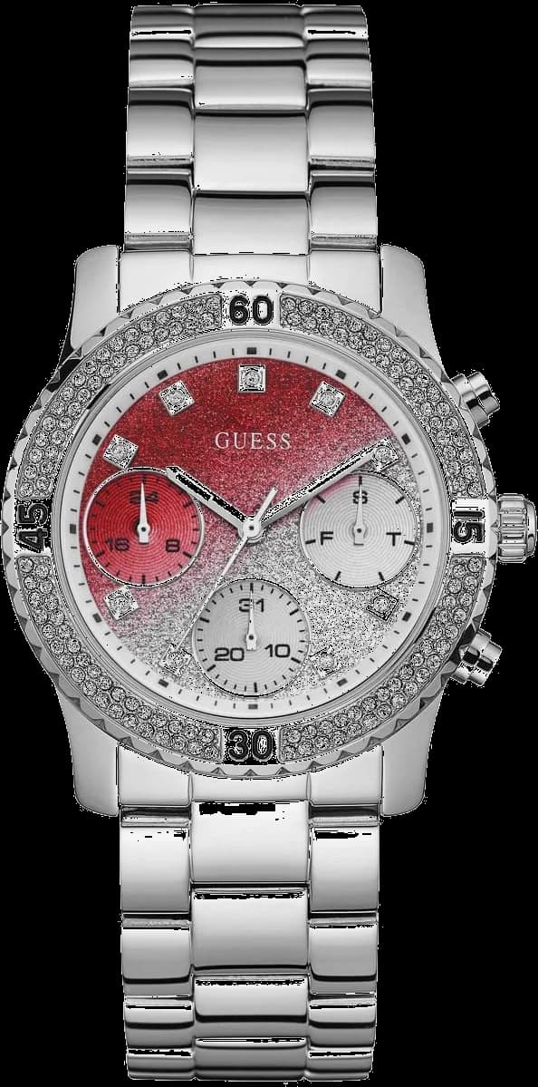 Garde-temps Guess W0774L7 pour femme, cadran rouge, bracelet acier argenté, lunette sertie de strass