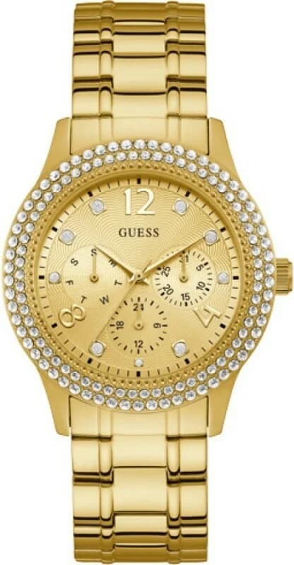 Garde-temps Guess W1097L2 pour femme, cadran doré, bracelet acier scintillant, finition dorée