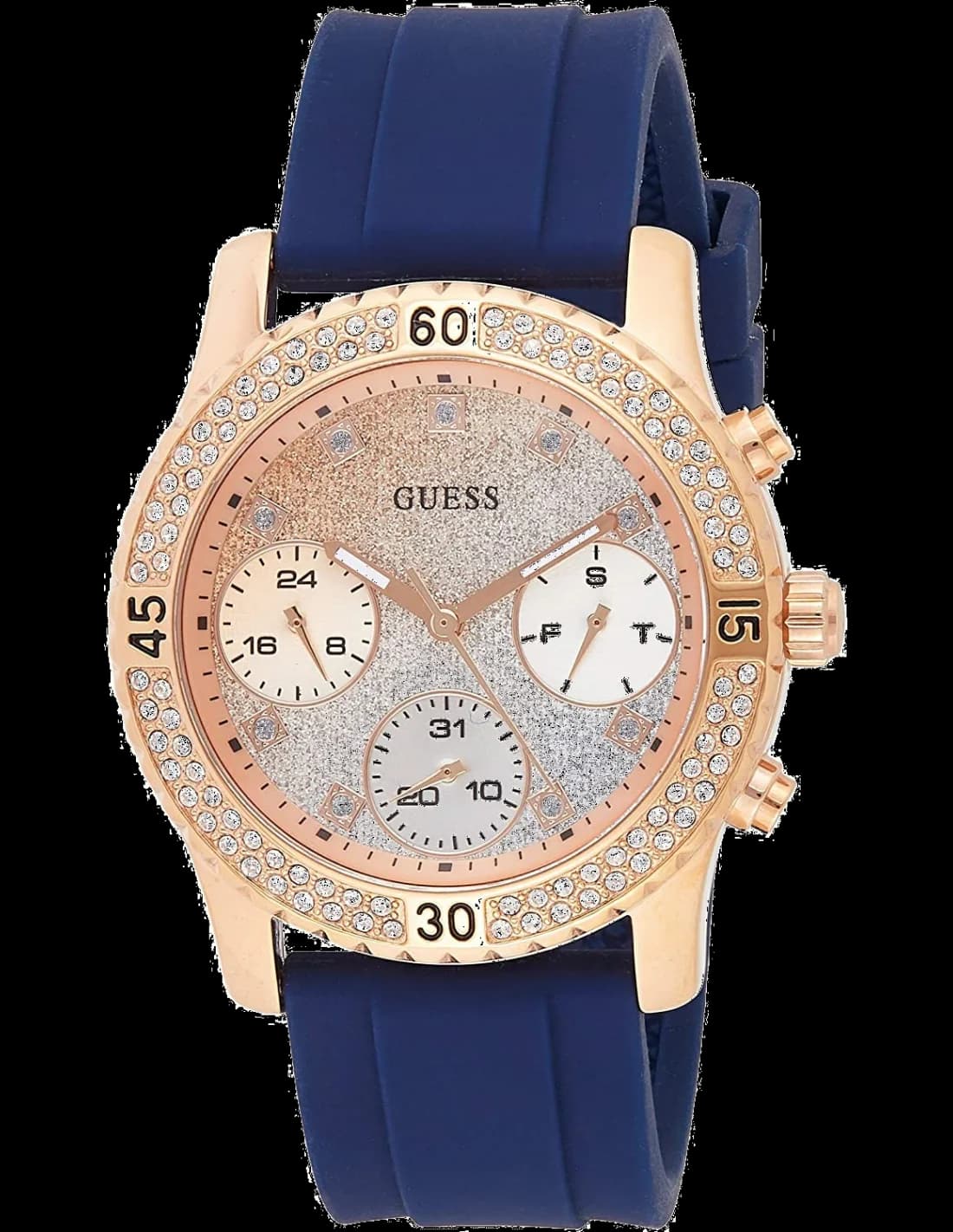 Garde-temps Guess W1098L6 pour femme, silicone bleu acier rose gold cadran or rose