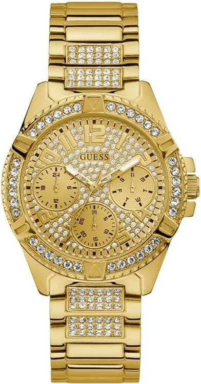 Garde-temps Guess W1156L2 pour femme, cadran or, bracelet acier et strass