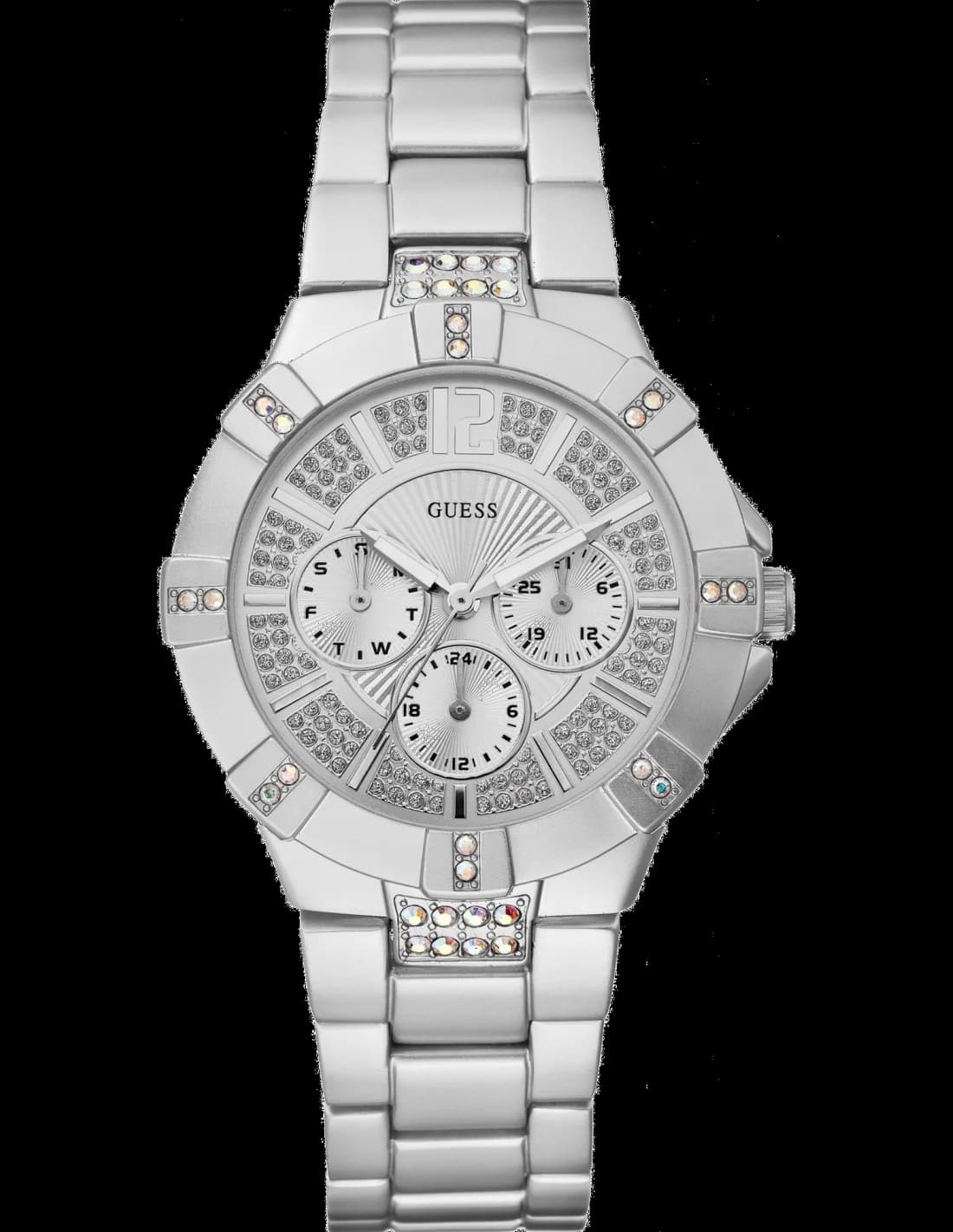 Garde-temps Guess W11624L1 pour femme, chronographe cadran argent, lunette strass