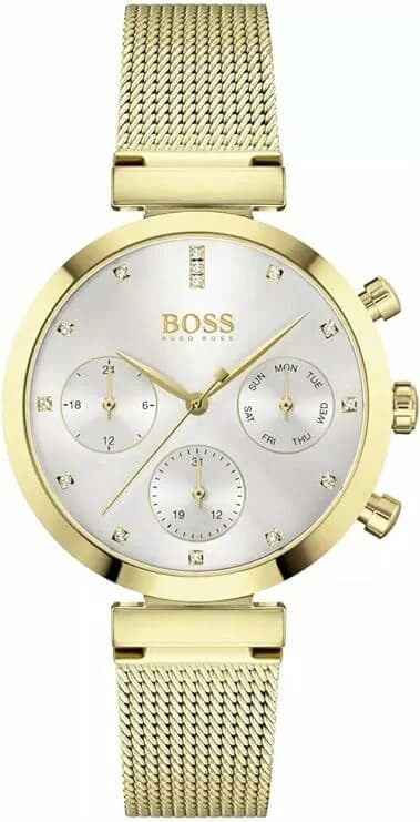 Garde-temps Hugo Boss 1502552 pour femme, maille milanaise dorée, cadran gris, style féminin
