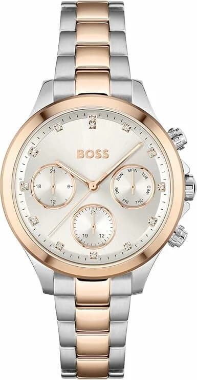 Garde-temps Hugo Boss 1502564 pour femme, bi-ton argent et rose, cadran gris, cristaux Swarovski