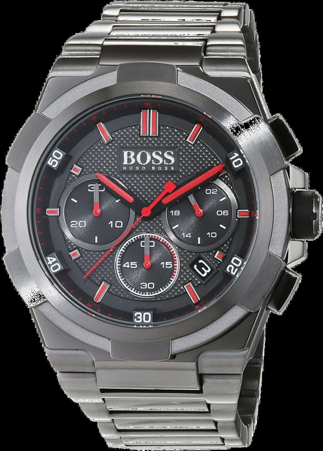 Garde-temps Hugo Boss 1513361 avec cadran gris anthracite soleillé, index appliques argentés et aiguilles squelettes rouges