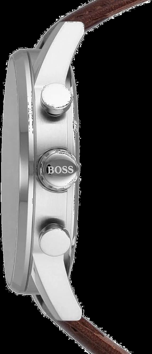 Visage cadran Hugo Boss 1513495 dévoile des index appliqués polis, aiguilles dauphine, guichet date à 3h, échelle tachymétrique sur rehaut, lisibilité optimale