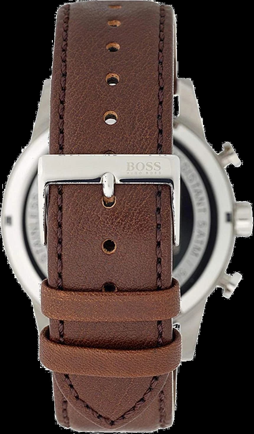 Attache bracelet Hugo Boss 1513495 en cuir marron grainé, coutures contrastées, boucle ardillon en acier brossé, largeur 22mm, confort au poignet