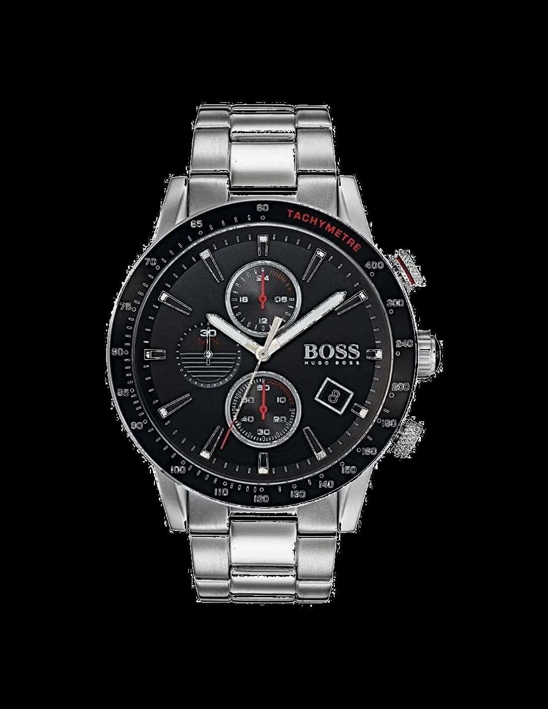 Garde-temps Hugo Boss 1513509 en acier argenté avec cadran noir soleillé, accents rouges et index bâtons appliqués
